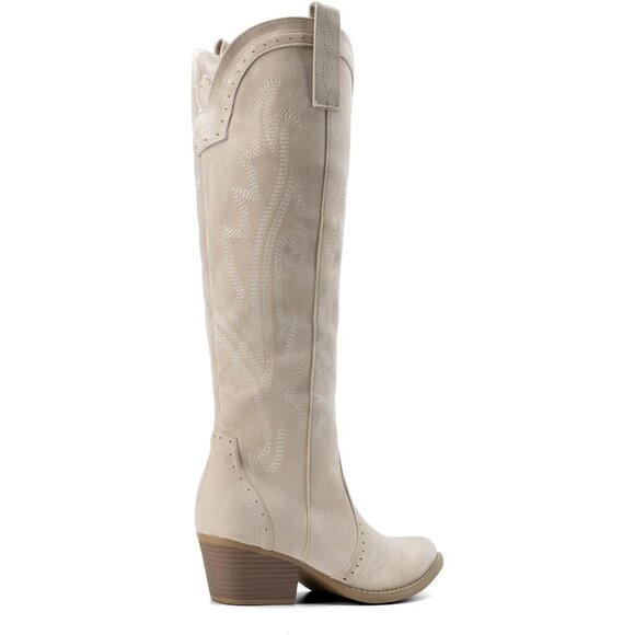Women's Beige Comfortable Chunky Heel Embroidered Western Retro Knee High Boot - Picture 7 of 9